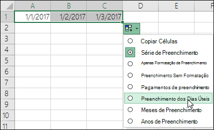 Utilizar a alça de Preenchimento para criar uma lista de datas sequenciais