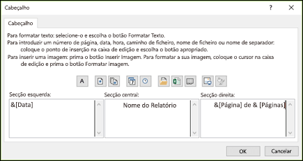 Caixa de diálogo Personalizar Cabeçalho de Configurar Página