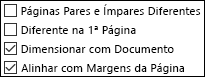 Opções Cabeçalho e Rodapé na caixa de diálogo Configurar Página