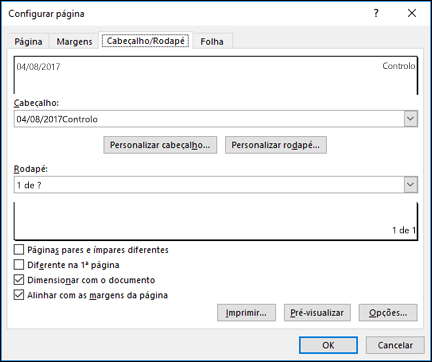 Configuração da > Página Opções de Cabeçalho e Rodapé