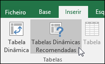 Aceda a Inserir > Tabelas Dinâmicas Recomendadas para que o Excel crie automaticamente uma tabela dinâmica