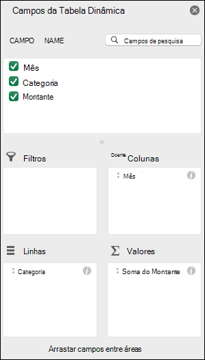 Exemplo da caixa de diálogo com a lista de Campos da Tabela Dinâmica do Excel