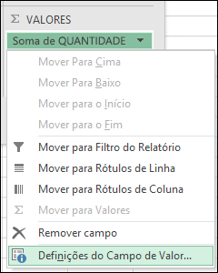 Caixa de diálogo Definições do Campo Valor do Excel
