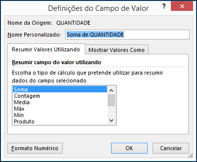 Caixa de diálogo Definições do Campo Valor do Excel para as opções Resumir Valores Por