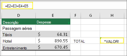 Célula H4 com a fórmula =E2+E3+E4+E5 e o resultado #VALUE!