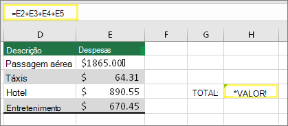H4 com =E2+E3+E4+E5 e o resultado #VALUE!
