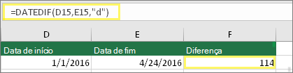 Célula D15 com 1/1/2016, Célula E15 com 24/4/2016, Célula F15 com a fórmula: =DATADIF(D15;E15;d) e o resultado 114
