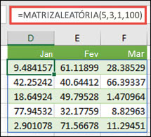 Função MATRIZALEATÓRIA com argumentos Mínimo, Máximo & Decimal