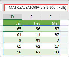 Função MATRIZALEATÓRIA com argumentos Mínimo, Máximo & Número inteiro