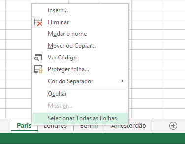 No menu de contexto, a opção Selecionar Todas as Folhas foi selecionada.