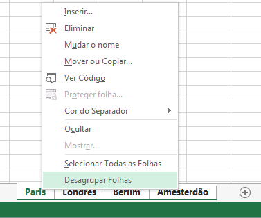 No menu de contexto, a opção Desagrupar Folhas foi selecionada.