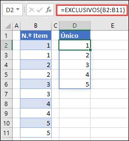 Exemplo de utilização de =EXCLUSIVOS(B2:B11) para devolver uma lista exclusiva de números