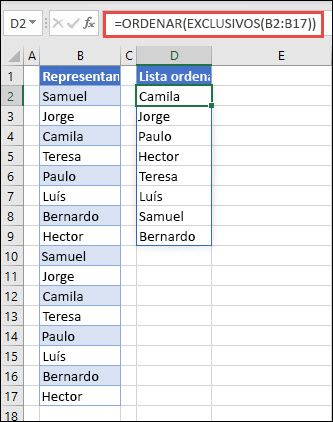 Utilizar EXCLUSIVOS com ORDENAR para devolver uma lista de nomes por ordem ascendente