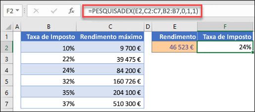 Imagem da função PROCX utilizada para devolver uma taxa de imposto baseada no rendimento máximo. Esta é uma correspondência aproximada. A fórmula é: =PESQUISADEX(E2;C2:C7;B2:B7;1;1)