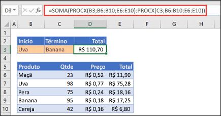 Utilizar PROCX com SOMA para totalizar um intervalo de valores que se situam entre duas seleções