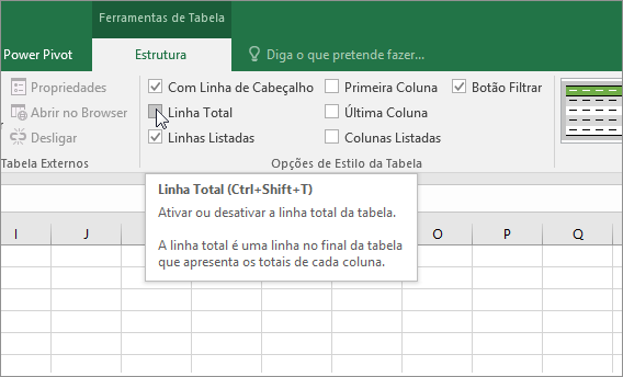 Opção Linha Total no separador Estrutura
