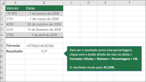 Captura de ecrã que mostra um exemplo da função XTIR.