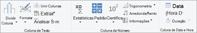 Os grupos de tipos de dados no separador Adicionar Coluna do friso