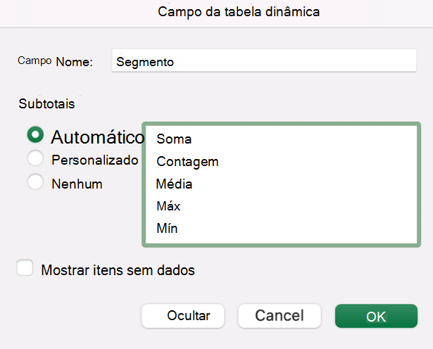 Adicionar um campo de Tabela Dinâmica