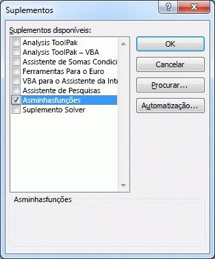 caixa de diálogo de suplementos