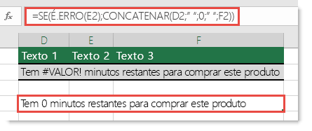 As funções SE e É.ERRO utilizadas como uma solução para concatenar uma cadeia com o erro #VALOR!