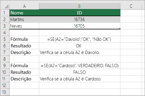 Exemplos da função SE