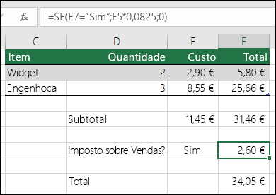 A fórmula na Célula F7 é SE(E7=Sim;F5*0,0825;0)