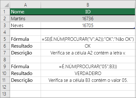 Exemplos SE, É.NÚM e PROCURAR