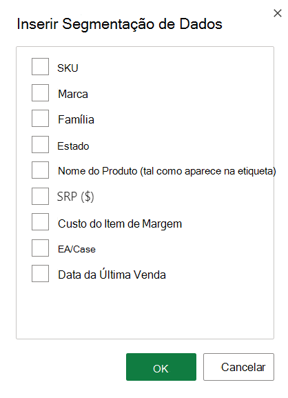 Captura de ecrã das opções de Inserção de Segmentação de Dados.