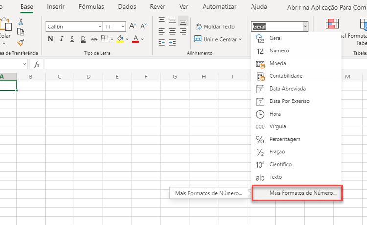 Menu Formato de Número com a opção Mais Formatos Numéricos realçada.