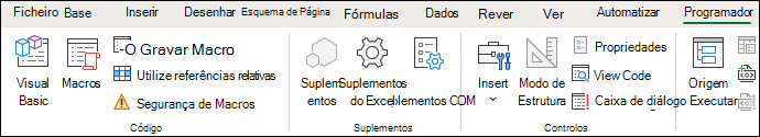 Captura de ecrã que mostra o grupo Código no separador Programador.