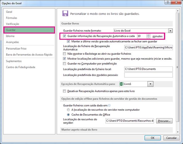 Opção Guardar nas Opções do Excel