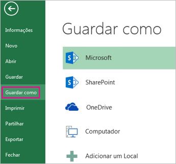 Opção Guardar Como no separador Ficheiro