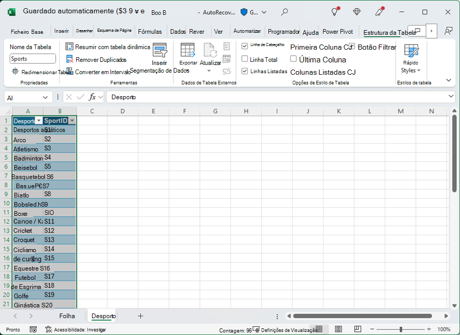 Atribuir um nome a uma tabela no Excel