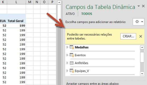 O pedido CRIAR... relação nos Campos de Tabela Dinâmica