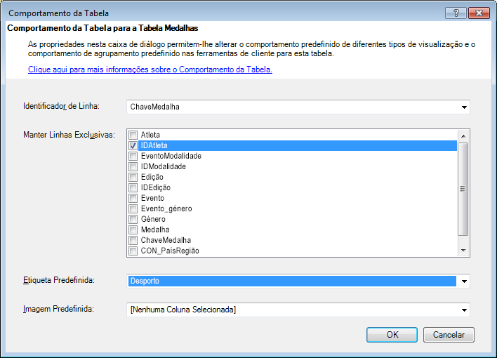 a janela Comportamento da Tabela