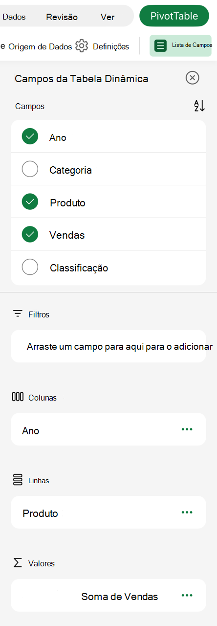 Lista de campos da Tabela Dinâmica no iPad.