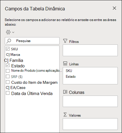 Campos da Tabela Dinâmica no Excel na Web