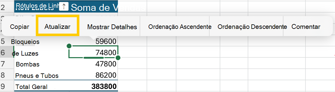 Atualize a Tabela Dinâmica a partir do menu de contexto no iPad.