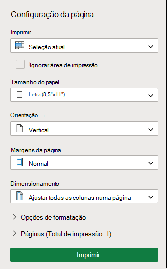 Imprimir Seleção Atual no Excel na Web