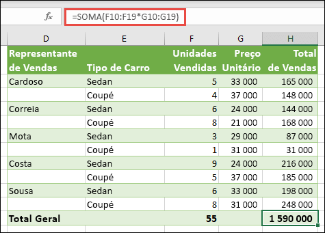 Fórmula de matriz de célula única para calcular um total geral com =SOMA(F10:F19*G10:G19)