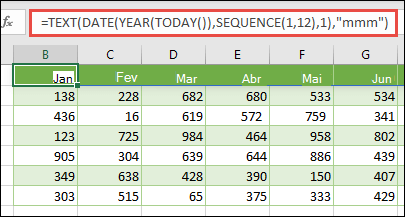 Utilize uma combinação das funções TEXTO, DATA, ANO, HOJE e SEQUÊNCIA para criar uma lista dinâmica de 12 meses