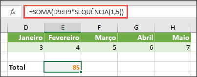 Utilize constantes de matriz em fórmulas. Neste exemplo, utilizamos =SOMA(D9:H(*SEQUÊNCIA(1,5))