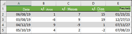 Utilize a função DATA para somar ou subtrair anos, meses ou dias a/de uma data.