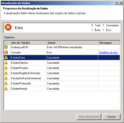 Mensagens de estado da atualização de dados no PowerPivot