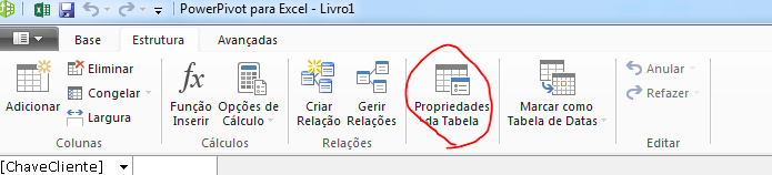 Friso na janela do PowerPivot a mostrar o comando Propriedades da Tabela