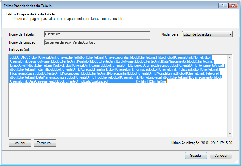 Consulta SQL utilizada para obter os dados