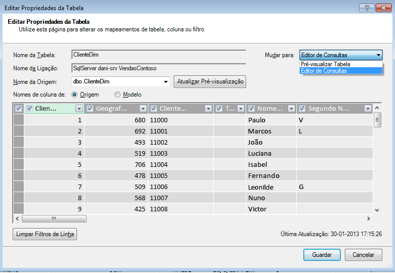 Editor de Consultas aberto a partir do diálogo Propriedades da Tabela