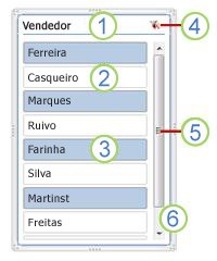 Captura de ecrã de elementos de segmentação de dados de Tabela Dinâmica.