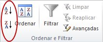 Botões Ordenar no grupo Ordenar & Filtrar no separador Dados do Excel